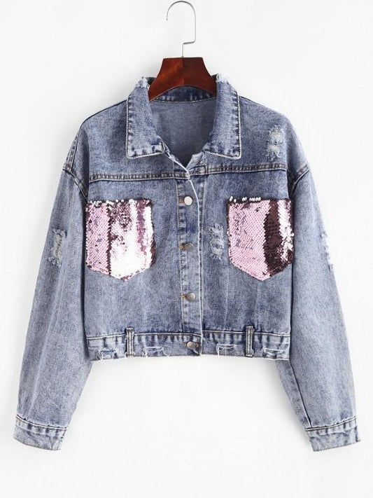 Ripped Sequined Pockets Cropped Denim Jacket - INS | Online Fashion Free Shipping Clothing, Dresses, Tops, Shoes