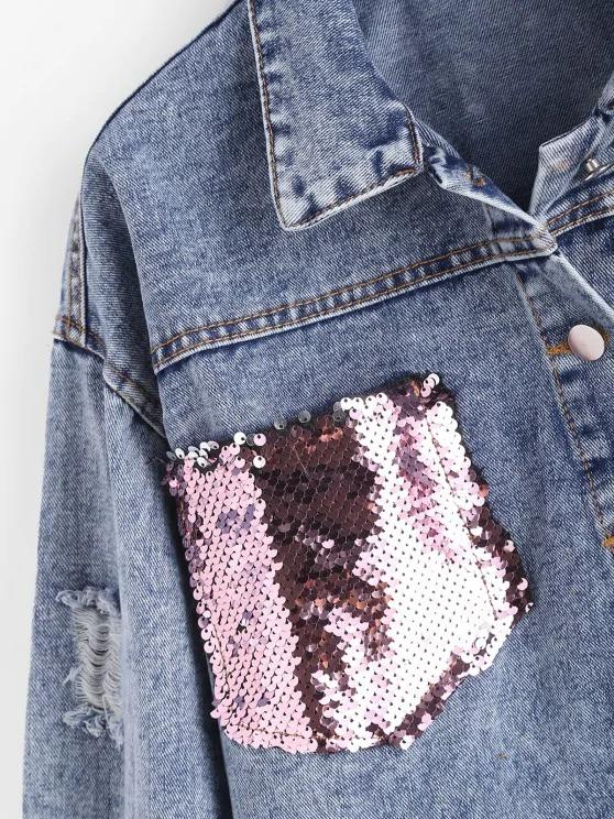 Ripped Sequined Pockets Cropped Denim Jacket - INS | Online Fashion Free Shipping Clothing, Dresses, Tops, Shoes