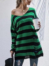 Ripped Skew Neck Colorblock Stripe Sweater - Sweaters - INS | Online Fashion Free Shipping Clothing, Dresses, Tops, Shoes - 02/08/2021 - Autumn - Casual