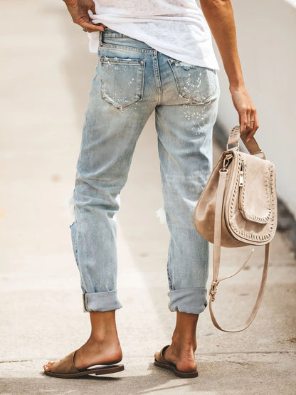 Jeans - Ripped Washed Denim Trousers - MsDressly