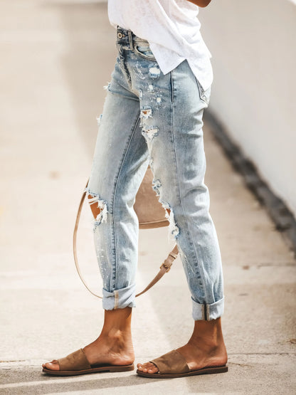 Jeans - Ripped Washed Denim Trousers - MsDressly