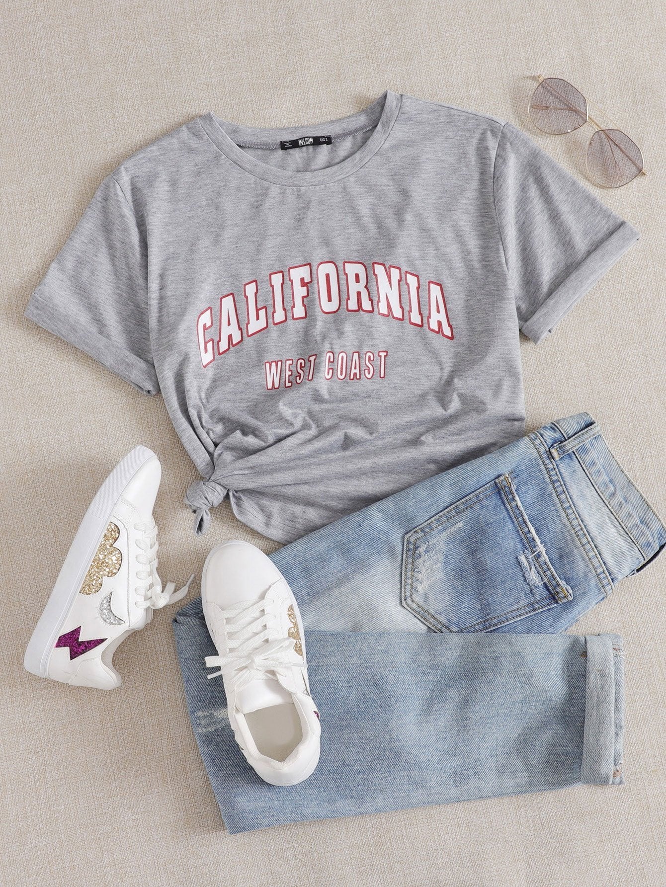 Roll Up Sleeve Letter Graphic Tee - INS | Online Fashion Free Shipping Clothing, Dresses, Tops, Shoes