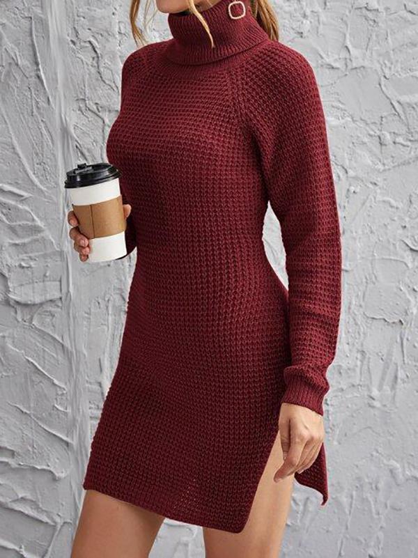 Rolled Neck Raglan Sleeve Split Side Sweater Dress - Dresses - INS | Online Fashion Free Shipping Clothing, Dresses, Tops, Shoes - 01/28/2021 - Black - Burgundy