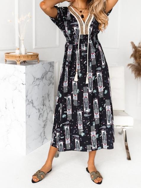 Rope Stitching Printed V-Neck Short Sleeve Dress - Maxi Dresses - INS | Online Fashion Free Shipping Clothing, Dresses, Tops, Shoes - 20-30 - 30/06/2021 - Category_Maxi Dresses