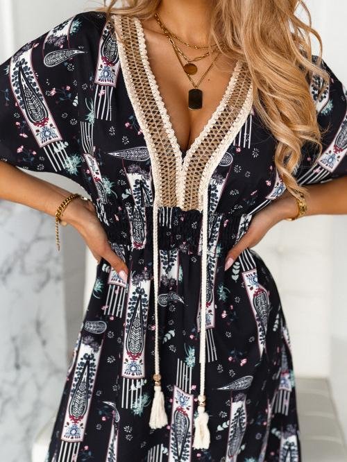 Rope Stitching Printed V-Neck Short Sleeve Dress - Maxi Dresses - INS | Online Fashion Free Shipping Clothing, Dresses, Tops, Shoes - 20-30 - 30/06/2021 - Category_Maxi Dresses