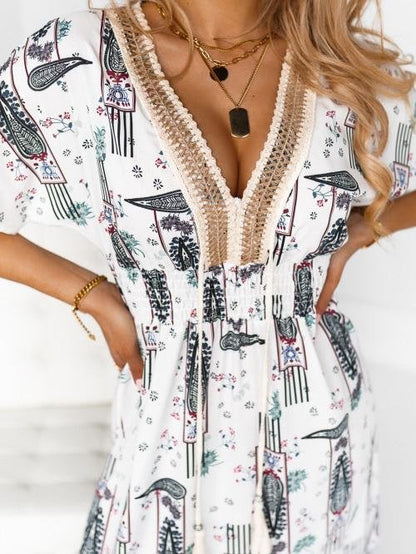 Rope Stitching Printed V-Neck Short Sleeve Dress - Maxi Dresses - INS | Online Fashion Free Shipping Clothing, Dresses, Tops, Shoes - 20-30 - 30/06/2021 - Category_Maxi Dresses