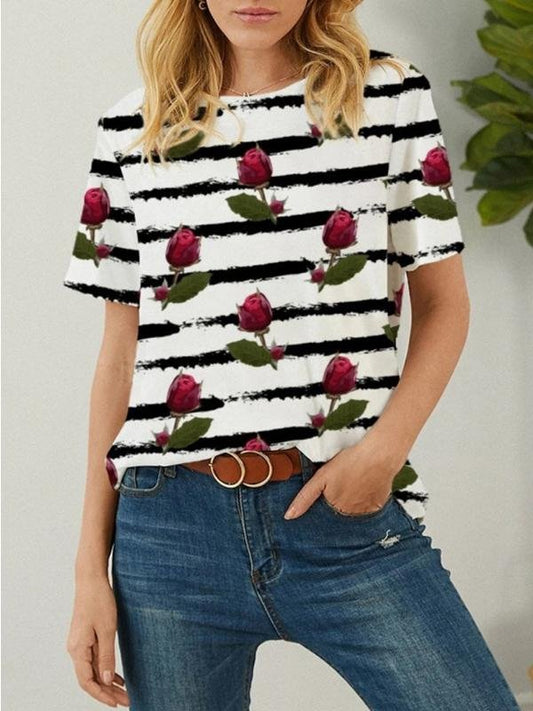 Rose And Stripes Printed Short-sleeved Loose Casual T-shirt - T-shirts - INS | Online Fashion Free Shipping Clothing, Dresses, Tops, Shoes - 10-20 - 12/07/2021 - color-white