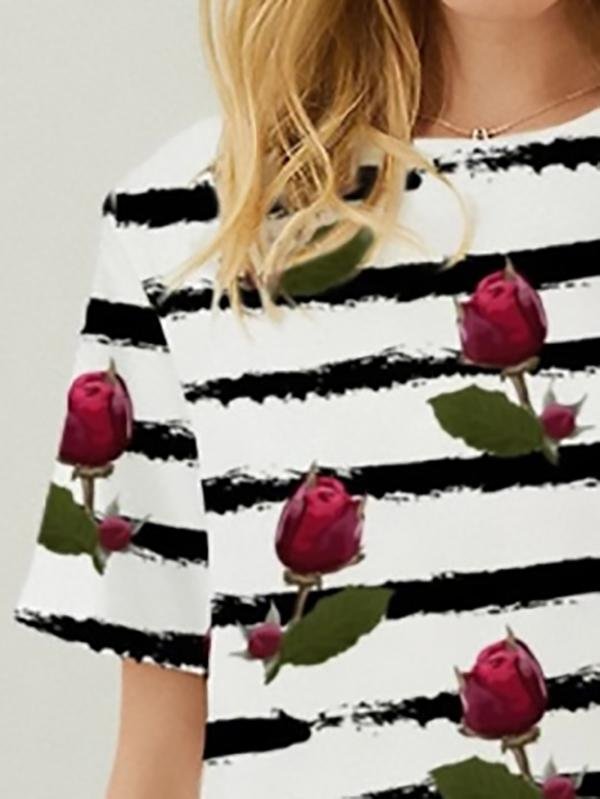 Rose And Stripes Printed Short-sleeved Loose Casual T-shirt - T-shirts - INS | Online Fashion Free Shipping Clothing, Dresses, Tops, Shoes - 10-20 - 12/07/2021 - color-white