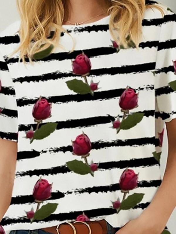 Rose And Stripes Printed Short-sleeved Loose Casual T-shirt - T-shirts - INS | Online Fashion Free Shipping Clothing, Dresses, Tops, Shoes - 10-20 - 12/07/2021 - color-white