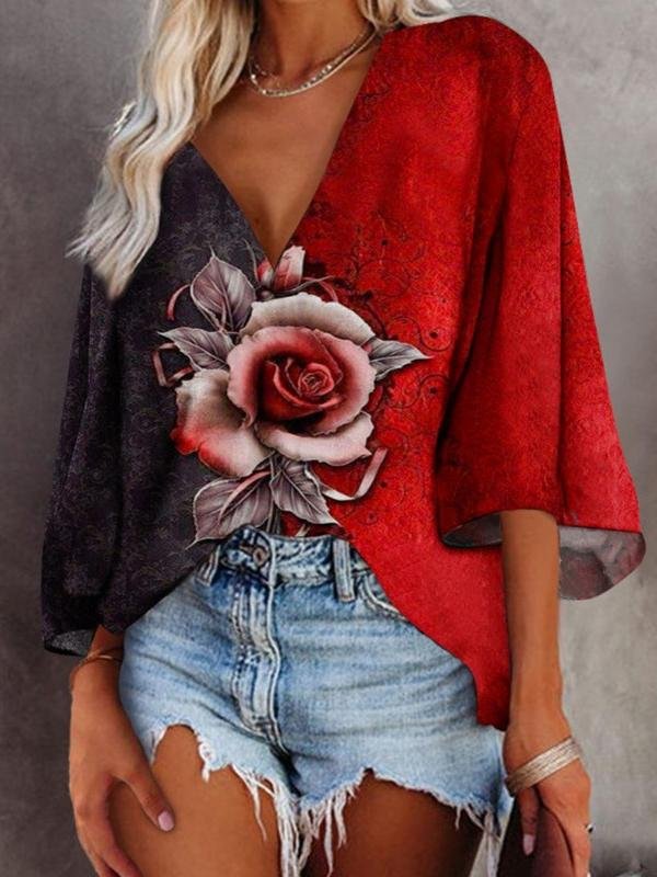 Rose Flower Print Deep V-Neck Flared Sleeve T-Shirt - T-Shirts - INS | Online Fashion Free Shipping Clothing, Dresses, Tops, Shoes - 07/07/2021 - 10-20 - Category_T-Shirts