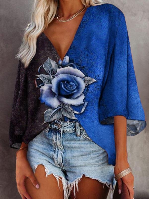 Rose Flower Print Deep V-Neck Flared Sleeve T-Shirt - T-Shirts - INS | Online Fashion Free Shipping Clothing, Dresses, Tops, Shoes - 07/07/2021 - 10-20 - Category_T-Shirts