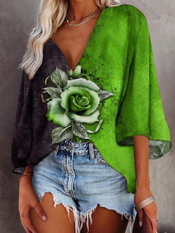 Rose Flower Print Deep V-Neck Flared Sleeve T-Shirt - T-Shirts - INS | Online Fashion Free Shipping Clothing, Dresses, Tops, Shoes - 07/07/2021 - 10-20 - Category_T-Shirts