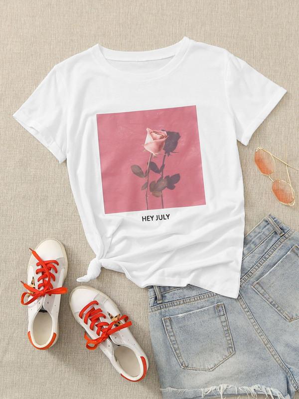 Rose & Letter Graphic Tee - INS | Online Fashion Free Shipping Clothing, Dresses, Tops, Shoes