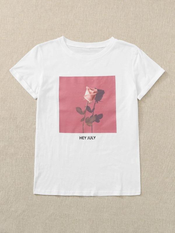 Rose & Letter Graphic Tee - INS | Online Fashion Free Shipping Clothing, Dresses, Tops, Shoes