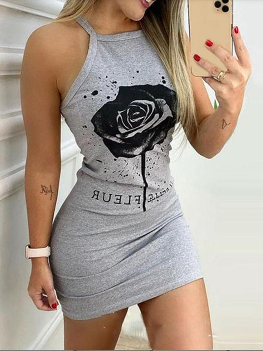 Rose Print Sleeveless Slim Mini Dress - Mini Dresses - INS | Online Fashion Free Shipping Clothing, Dresses, Tops, Shoes - 09/07/2021 - 10-20 - Category_Mini Dresses