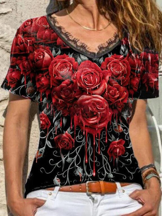 Rose Printed V-neck Plus Size T-shirt - T-Shirts - INS | Online Fashion Free Shipping Clothing, Dresses, Tops, Shoes - 10-20 - 25/06/2021 - color-black