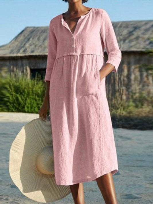 Round Neck Button Pocket Three-Quarter Sleeve Dress - Midi Dresses - INS | Online Fashion Free Shipping Clothing, Dresses, Tops, Shoes - 20-30 - 27/07/2021 - Category_Midi Dresses