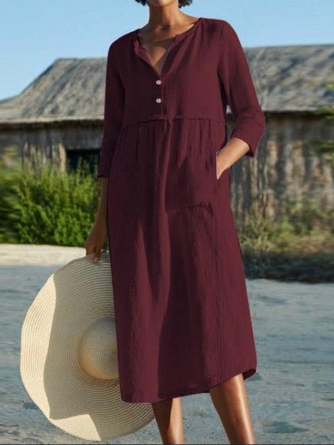 Round Neck Button Pocket Three-Quarter Sleeve Dress - Midi Dresses - INS | Online Fashion Free Shipping Clothing, Dresses, Tops, Shoes - 20-30 - 27/07/2021 - Category_Midi Dresses