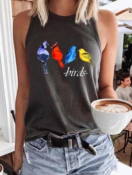 Round Neck Casual Fashion Birds Printed Sleeveless Tank Top - Tank Tops - INS | Online Fashion Free Shipping Clothing, Dresses, Tops, Shoes - 10-20 - 17/07/2021 - color-gray