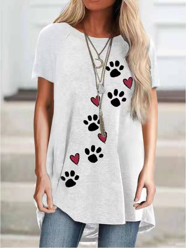 Round Neck Dog Paw Print Loose T-shirt - T-shirts - INS | Online Fashion Free Shipping Clothing, Dresses, Tops, Shoes - 10-20 - 14/07/2021 - color-blue
