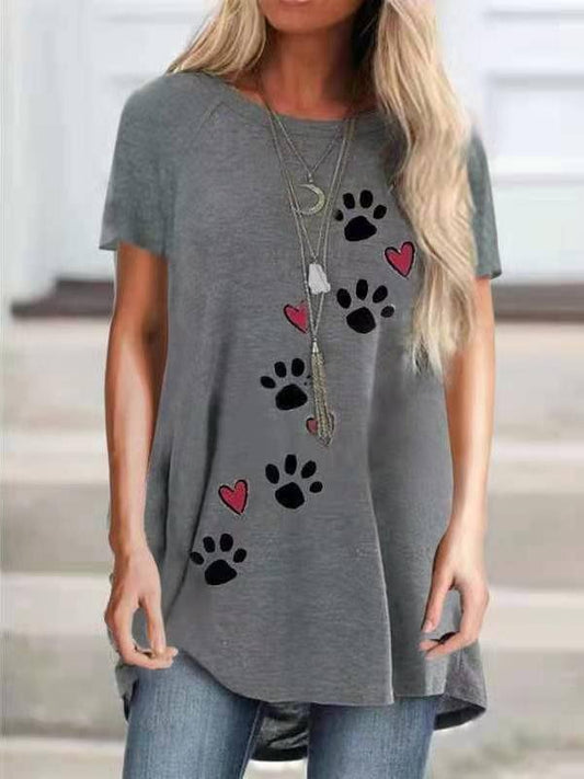 Round Neck Dog Paw Print Loose T-shirt - T-shirts - INS | Online Fashion Free Shipping Clothing, Dresses, Tops, Shoes - 10-20 - 14/07/2021 - color-blue