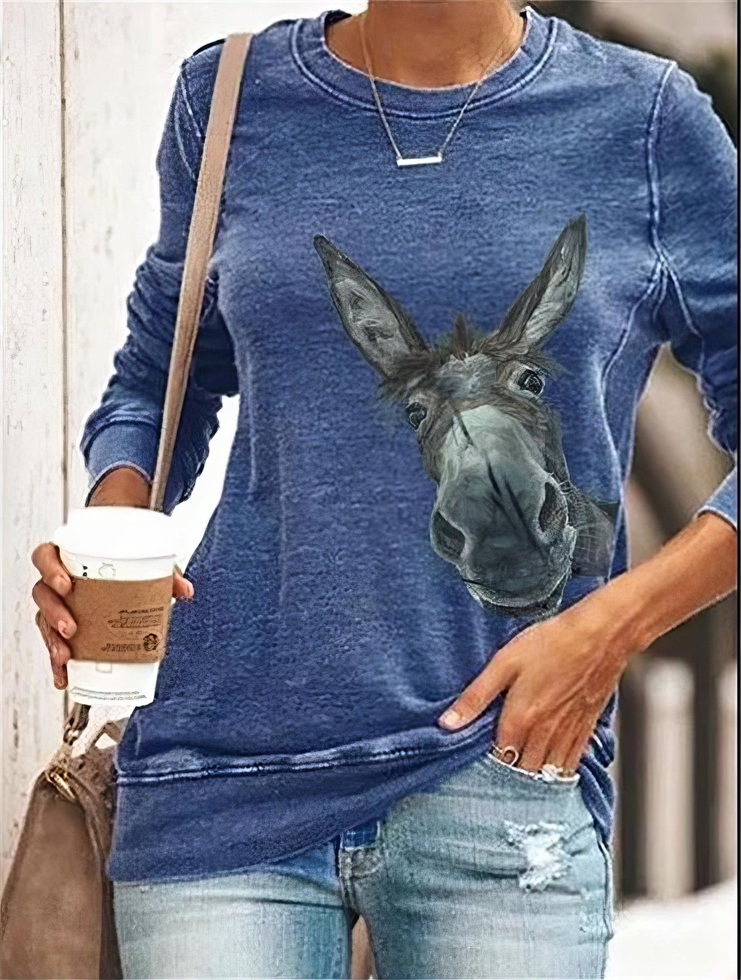 Round Neck Donkey Head Print Casual Long Sleeve T-Shirt
