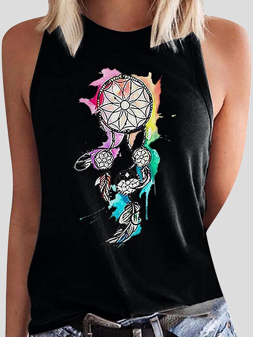 Round Neck Dreamcatcher Printed Sleeveless Women's Vest - Tank Tops - INS | Online Fashion Free Shipping Clothing, Dresses, Tops, Shoes - 10-20 - 23/07/2021 - color-black