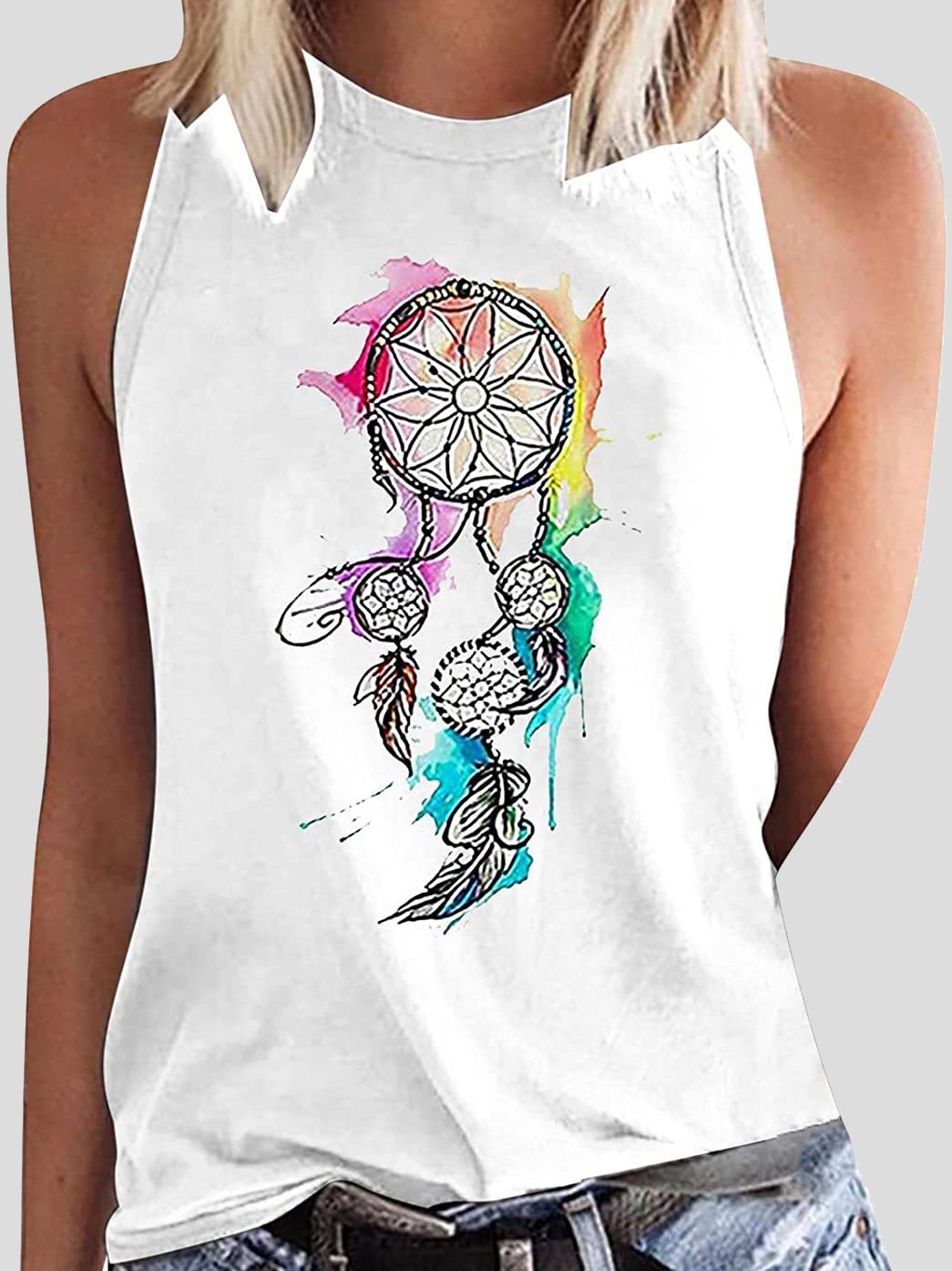 Round Neck Dreamcatcher Printed Sleeveless Women's Vest - Tank Tops - INS | Online Fashion Free Shipping Clothing, Dresses, Tops, Shoes - 10-20 - 23/07/2021 - color-black