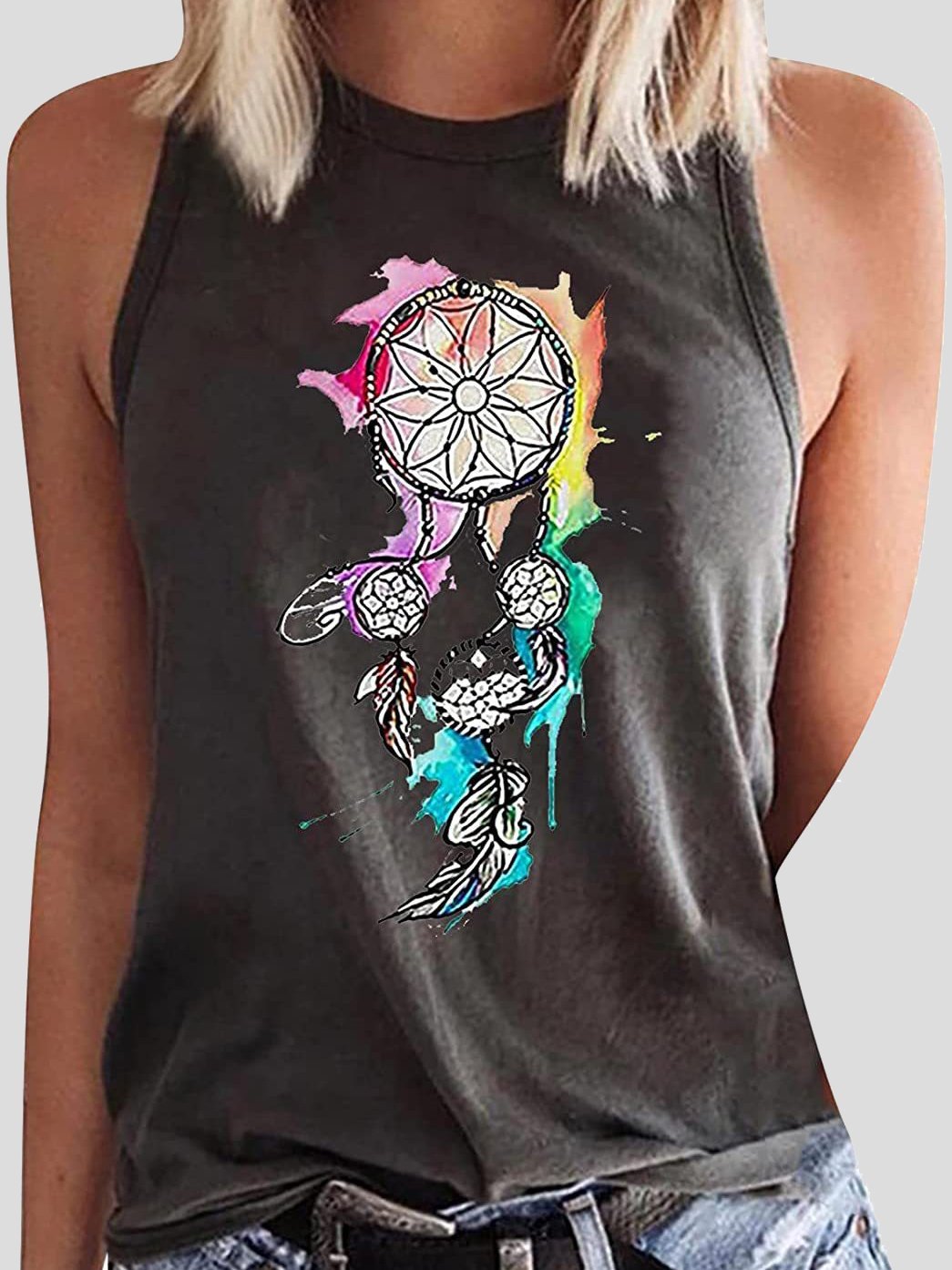 Round Neck Dreamcatcher Printed Sleeveless Women's Vest - Tank Tops - INS | Online Fashion Free Shipping Clothing, Dresses, Tops, Shoes - 10-20 - 23/07/2021 - color-black