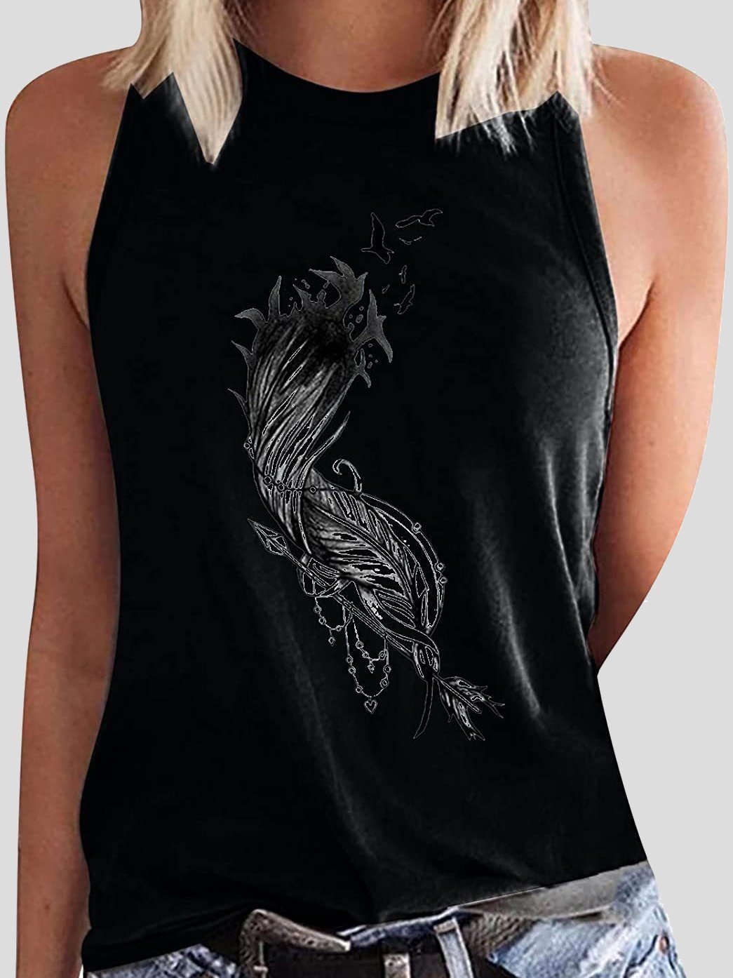 Round Neck Feather Printed Sleeveless Womens Vest - Tank Tops - INS | Online Fashion Free Shipping Clothing, Dresses, Tops, Shoes - 10-20 - 23/07/2021 - color-black