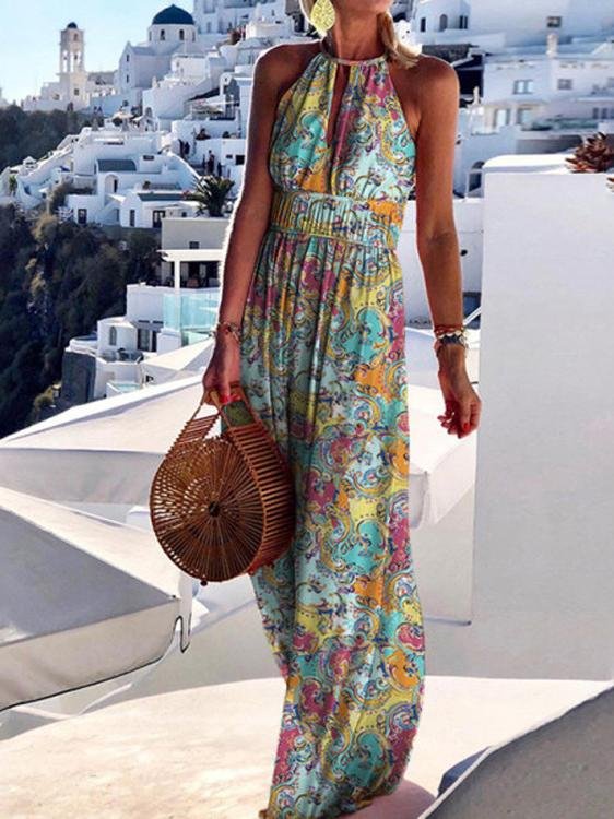 Round Neck Halter Open Back Print Dress - Maxi Dresses - INS | Online Fashion Free Shipping Clothing, Dresses, Tops, Shoes - 20-30 - 23/06/2021 - color-green