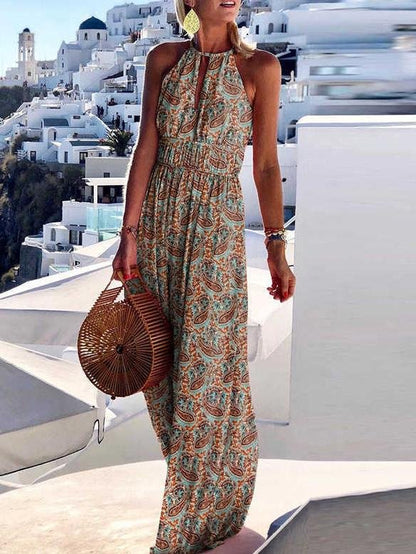 Round Neck Halter Open Back Print Dress - Maxi Dresses - INS | Online Fashion Free Shipping Clothing, Dresses, Tops, Shoes - 20-30 - 23/06/2021 - color-green