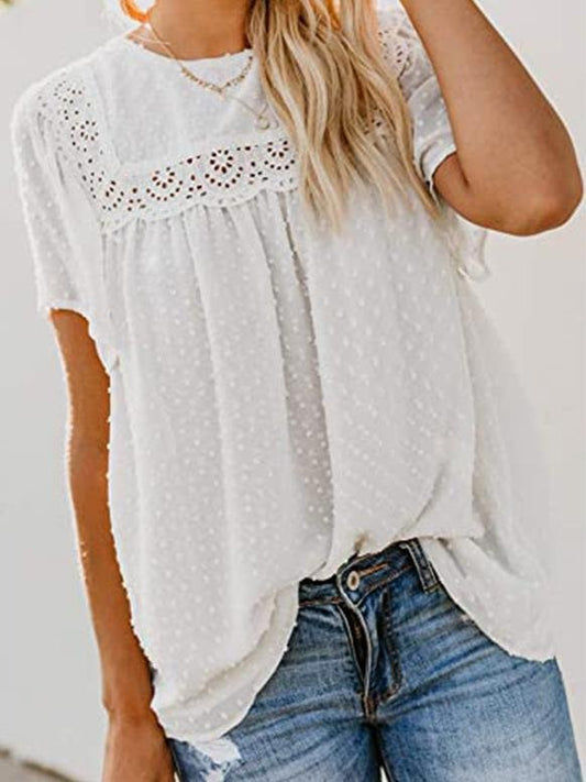 Round Neck Lace Crochet Pompom Short Sleeve T-shirt - T-shirts - INS | Online Fashion Free Shipping Clothing, Dresses, Tops, Shoes - 16/07/2021 - 20-30 - color-beige