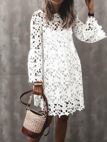 Round Neck Lace Flared Sleeve Ruffle Dress - Mini Dresses - INS | Online Fashion Free Shipping Clothing, Dresses, Tops, Shoes - 02/06/2021 - Category_Mini Dresses - Color_White