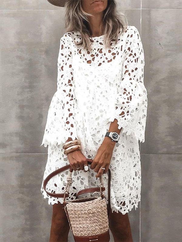 Round Neck Lace Flared Sleeve Ruffle Dress - Mini Dresses - INS | Online Fashion Free Shipping Clothing, Dresses, Tops, Shoes - 02/06/2021 - Category_Mini Dresses - Color_White