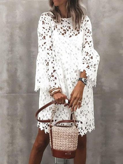 Round Neck Lace Flared Sleeve Ruffle Dress - Mini Dresses - INS | Online Fashion Free Shipping Clothing, Dresses, Tops, Shoes - 02/06/2021 - Category_Mini Dresses - Color_White