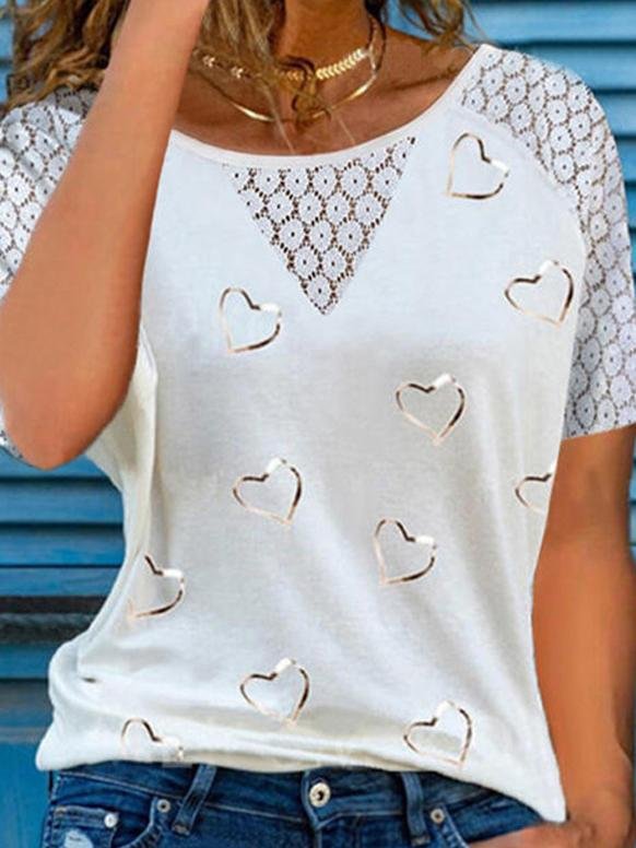 Round Neck Lace Hollow Stitching Short Sleeve T-shirt - T-Shirts - INS | Online Fashion Free Shipping Clothing, Dresses, Tops, Shoes - 05/19/2021 - Category_T-Shirts - Color_Big Heart