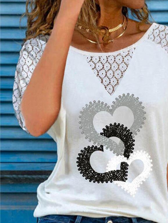Round Neck Lace Hollow Stitching Short Sleeve T-shirt - T-Shirts - INS | Online Fashion Free Shipping Clothing, Dresses, Tops, Shoes - 05/19/2021 - Category_T-Shirts - Color_Big Heart