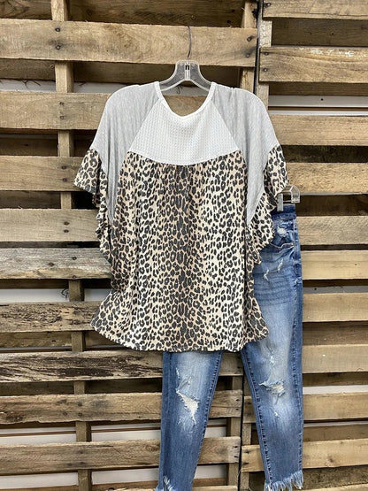 ROUND NECK LEOPARD PRINT STITCHING SHORT-SLEEVED MID-LENGTH T-SHIRT - INS | Online Fashion Free Shipping Clothing, Dresses, Tops, Shoes