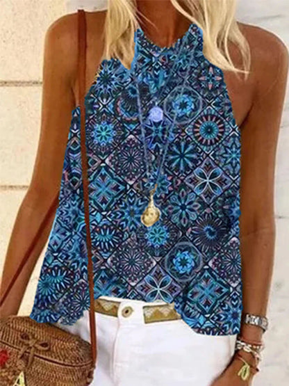 Round Neck Loose Printed Tank Tops - Tanks - INS | Online Fashion Free Shipping Clothing, Dresses, Tops, Shoes - 02/06/2021 - Category_Tanks - Color_Blue