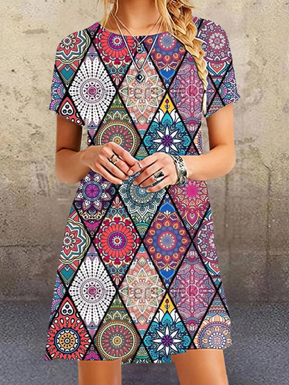Mini Dresses - Round Neck Print Casual Dress - MsDressly