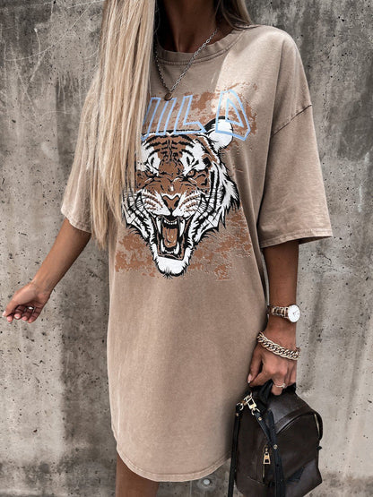 Round Neck Print Loose Mid-sleeve T-shirt Dress - Mini Dresses - INS | Online Fashion Free Shipping Clothing, Dresses, Tops, Shoes - 20-30 - 28/06/2021 - color-khaki