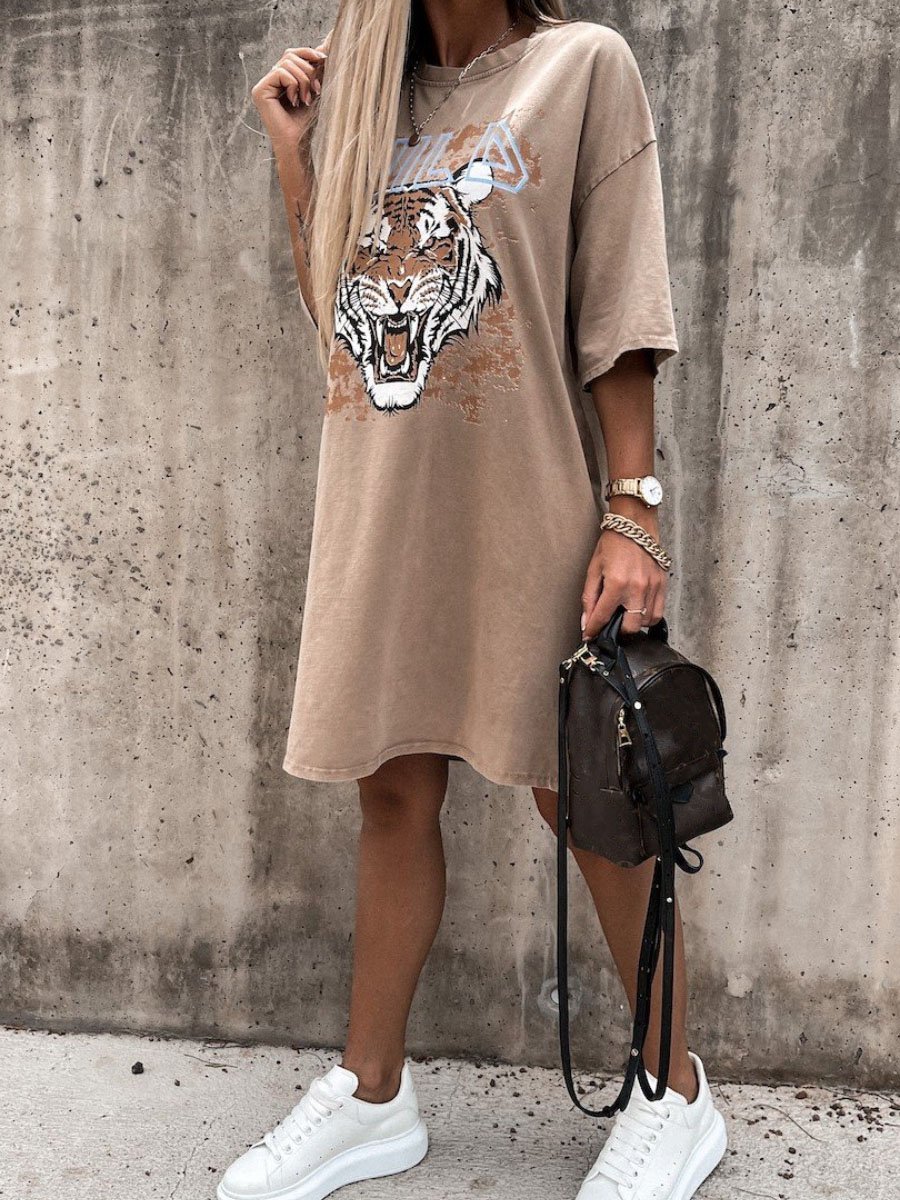 Round Neck Print Loose Mid-sleeve T-shirt Dress - Mini Dresses - INS | Online Fashion Free Shipping Clothing, Dresses, Tops, Shoes - 20-30 - 28/06/2021 - color-khaki