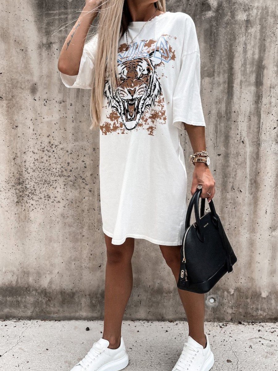 Round Neck Print Loose Mid-sleeve T-shirt Dress - Mini Dresses - INS | Online Fashion Free Shipping Clothing, Dresses, Tops, Shoes - 20-30 - 28/06/2021 - color-khaki