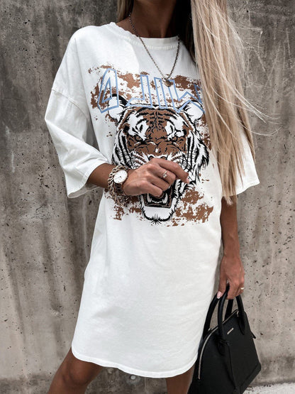 Round Neck Print Loose Mid-sleeve T-shirt Dress - Mini Dresses - INS | Online Fashion Free Shipping Clothing, Dresses, Tops, Shoes - 20-30 - 28/06/2021 - color-khaki