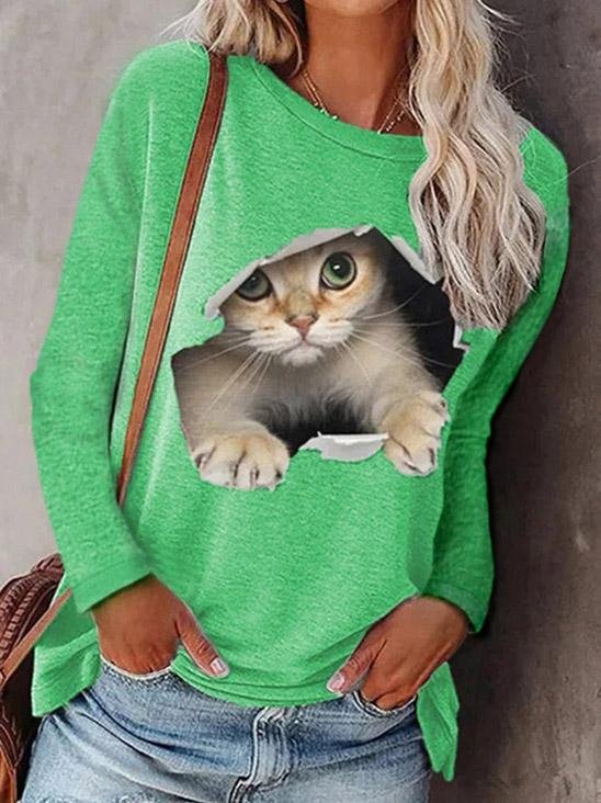 Round Neck Pullover Cat Long Sleeve T-Shirt - T-Shirts - INS | Online Fashion Free Shipping Clothing, Dresses, Tops, Shoes - 10-20 - 27/07/2021 - Category_T-Shirts