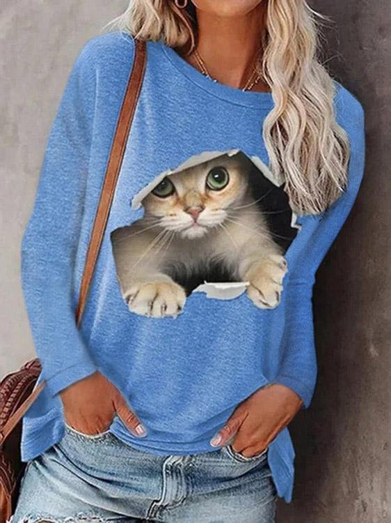 Round Neck Pullover Cat Long Sleeve T-Shirt - T-Shirts - INS | Online Fashion Free Shipping Clothing, Dresses, Tops, Shoes - 10-20 - 27/07/2021 - Category_T-Shirts