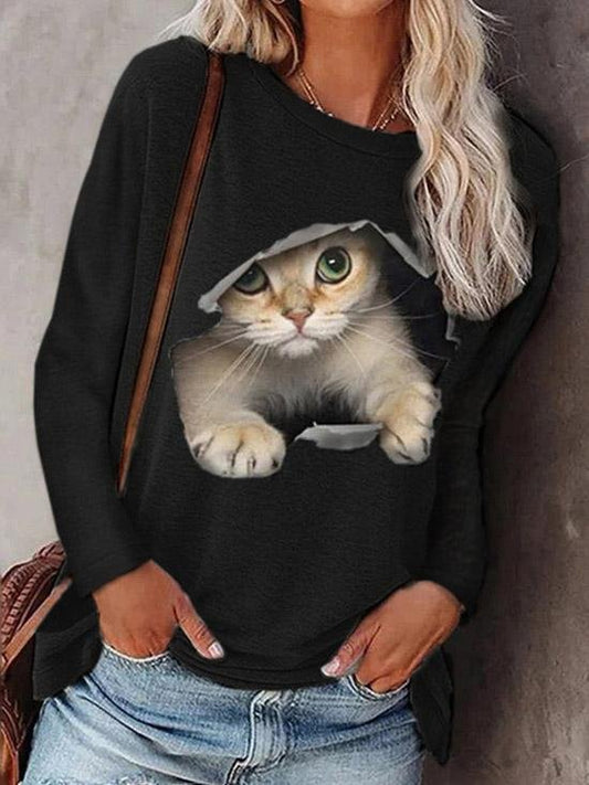 Round Neck Pullover Cat Long Sleeve T-Shirt - T-Shirts - INS | Online Fashion Free Shipping Clothing, Dresses, Tops, Shoes - 10-20 - 27/07/2021 - Category_T-Shirts