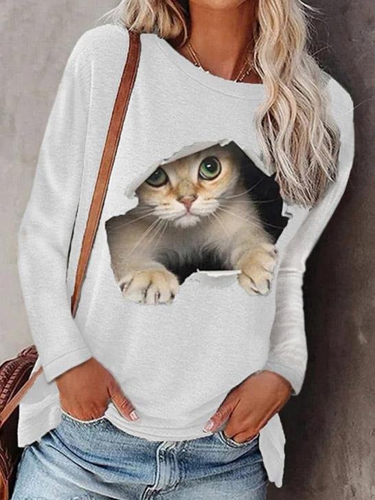 Round Neck Pullover Cat Long Sleeve T-Shirt - T-Shirts - INS | Online Fashion Free Shipping Clothing, Dresses, Tops, Shoes - 10-20 - 27/07/2021 - Category_T-Shirts