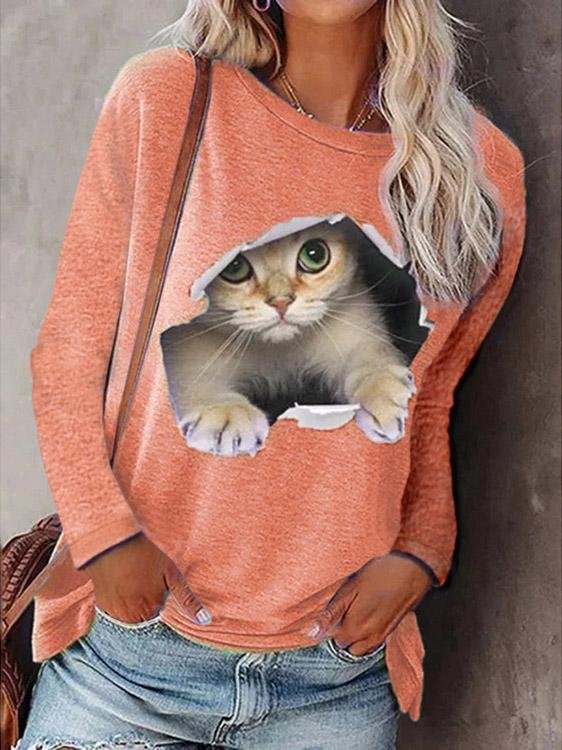 Round Neck Pullover Cat Long Sleeve T-Shirt - T-Shirts - INS | Online Fashion Free Shipping Clothing, Dresses, Tops, Shoes - 10-20 - 27/07/2021 - Category_T-Shirts